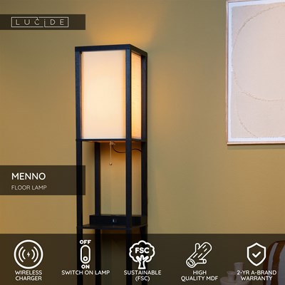 Lucide MENNO - Floor lamp - 1xE27 - With wireless charger - Black